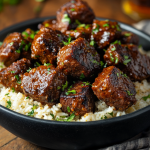 spicy cajun steak bites with rice